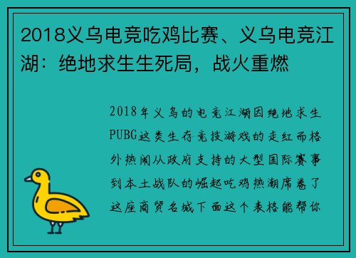 2018义乌电竞吃鸡比赛、义乌电竞江湖：绝地求生生死局，战火重燃